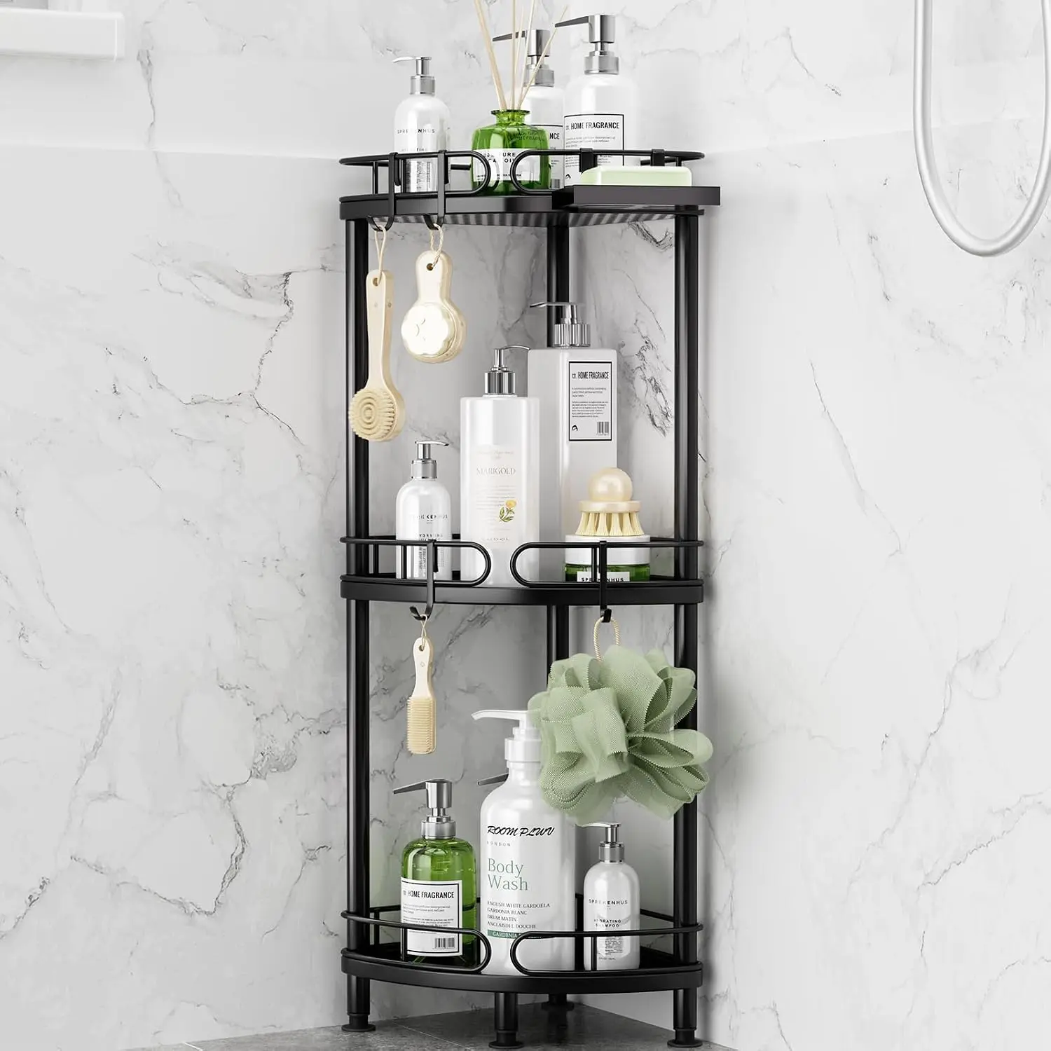 Corner Shower  Standing - 3 Tier Rustproof Metal Shower Organizer Stand with Soap Holder and 4 Hooks, Freestanding Floor Shower Storage Stands for Bathroom, Black