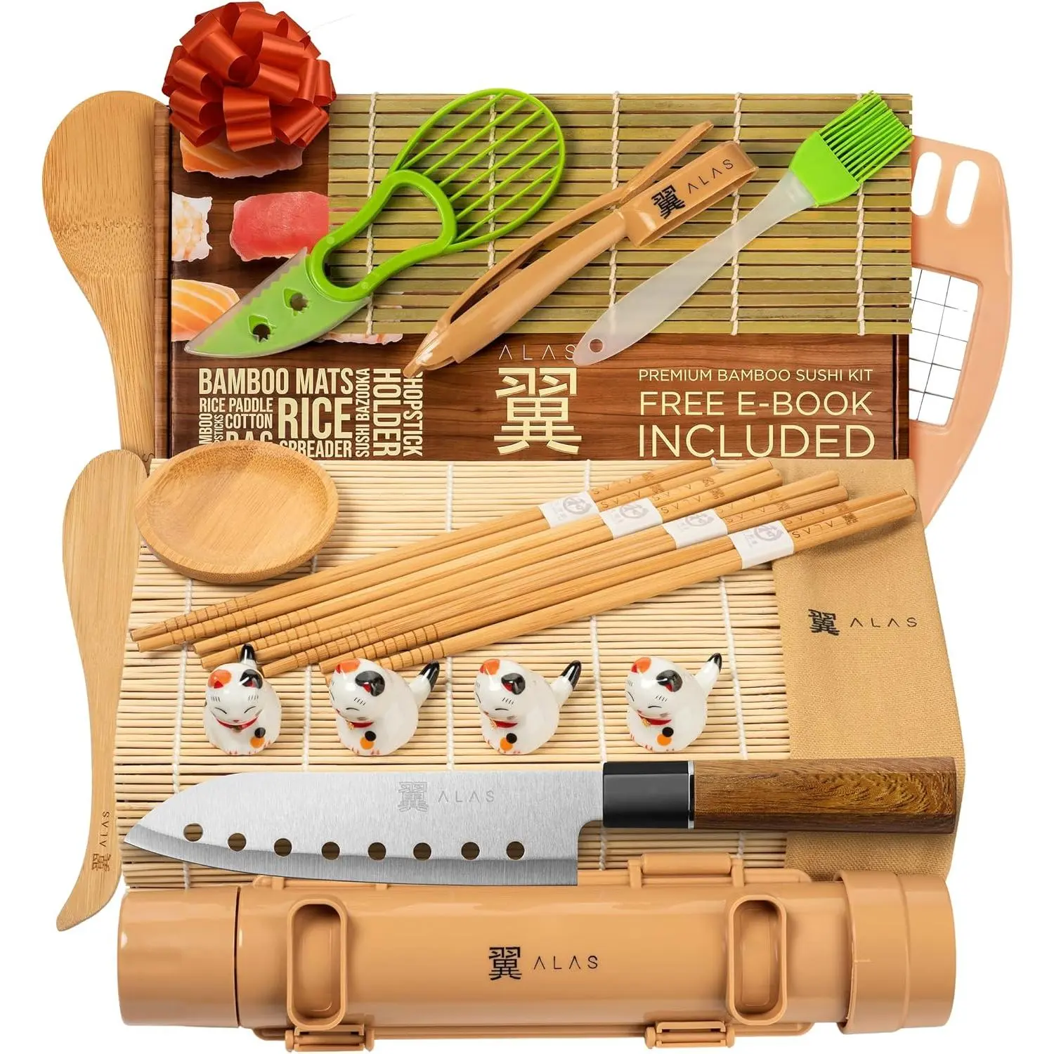 Alas Complete Sushi Making Kit for Beginners & Pros with Knife, 2 Bamboo Mats, Rice Bazooka, Dipping Plates & eBook