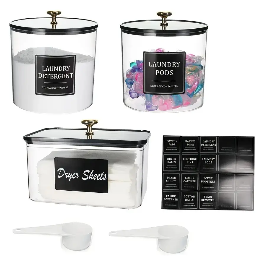 3/2 Pack Laundry Pods Container, Clear Laundry Room Organization Storage Box ,Large Acrylic Detergent Powder Storage Containers Black Lids & Labels, Dryer Sheet Holder, Laundry Organizer, Plastic Storage Bin