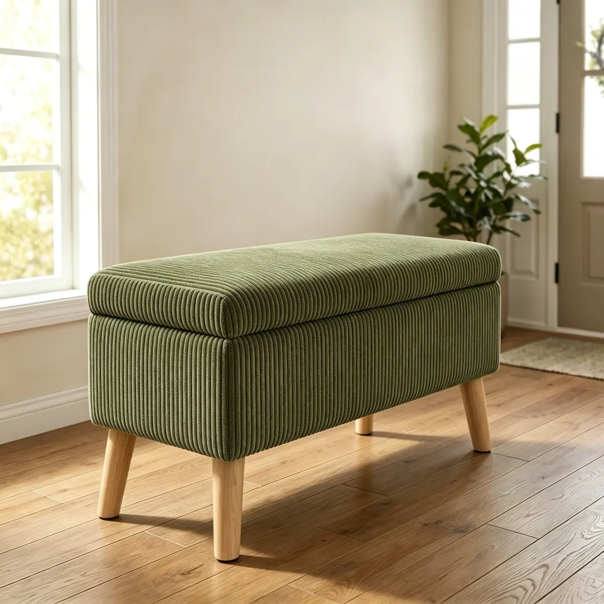 [Fahuac] 32" Olive Green Corduroy Storage Ottoman Bench - 31.9x14.6x17.7in Flip-Top Footrest, End-of-Bed Seat with Wooden Legs, Assembly Required, Spot Clean for Living Room, Bedroom, 31.9 X 14.6 X 17.7 Inches