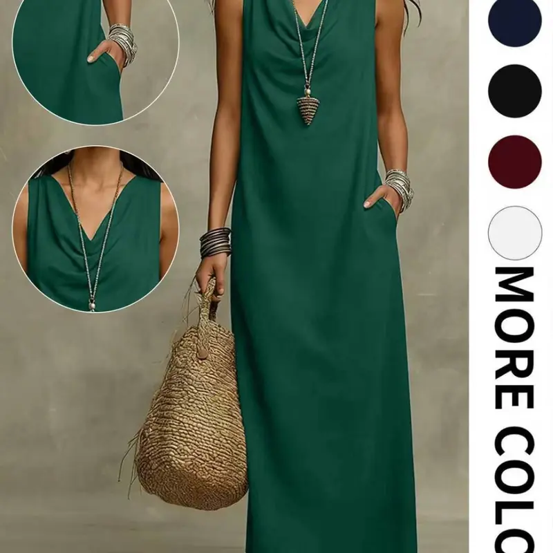 2026 Summer New Sleeveless Long Dress with Pockets, Bohemian Boho Style Loose Dress, French Style Long Dress, Beach Vacation Essential, Casual Wear, Everyday