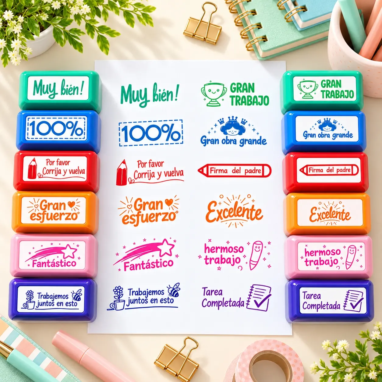 12pcs Colorful Spanish Teacher Stamp Set, Self-Inking Motivational Grading Stamps for Classroom, Positive Encouraging Messages for Homework, Behavior Rewards, School Supplies, Back to School Teacher Appreciation Gift