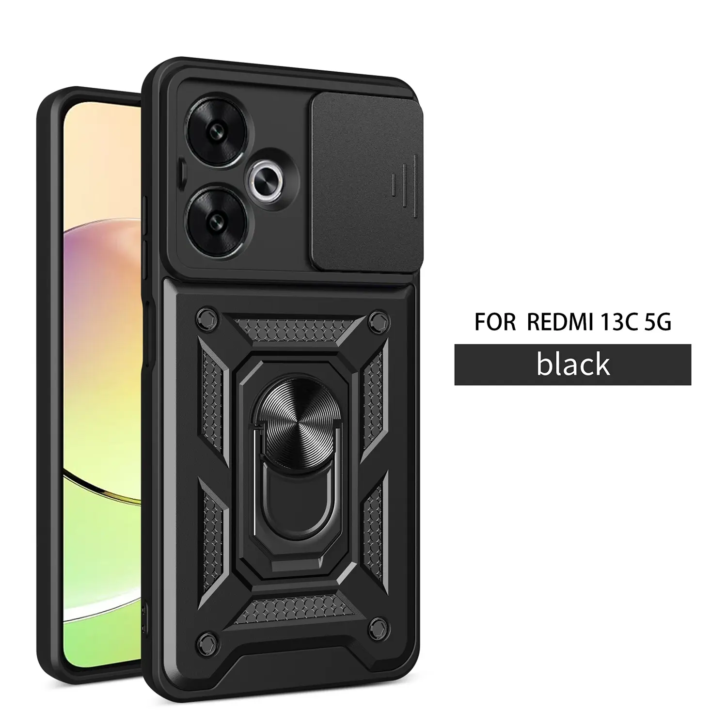 Case for Xiaomi Redmi 13C 5g with Ring Stand, Anti-Slip Shockproof Dual-Layer Protection, Hidden Dust Cover, Camera Lens Guard for Xiaomi Redmi 13C 5g Case