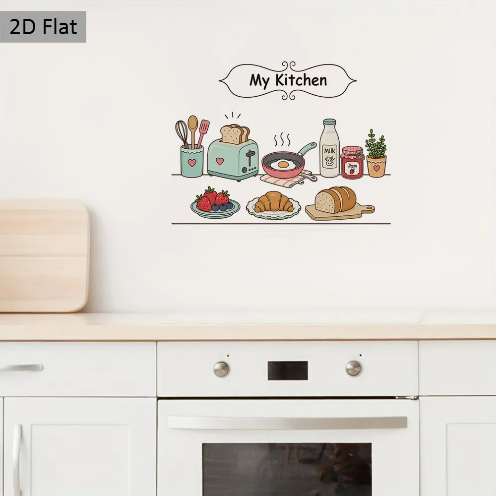 2D Flat Kitchen Sticker, Fun Transparent Breakfast Time Design, Colorful Wall Decor, Suitable for Kitchen, Dining Room, Fridge, Gift Idea