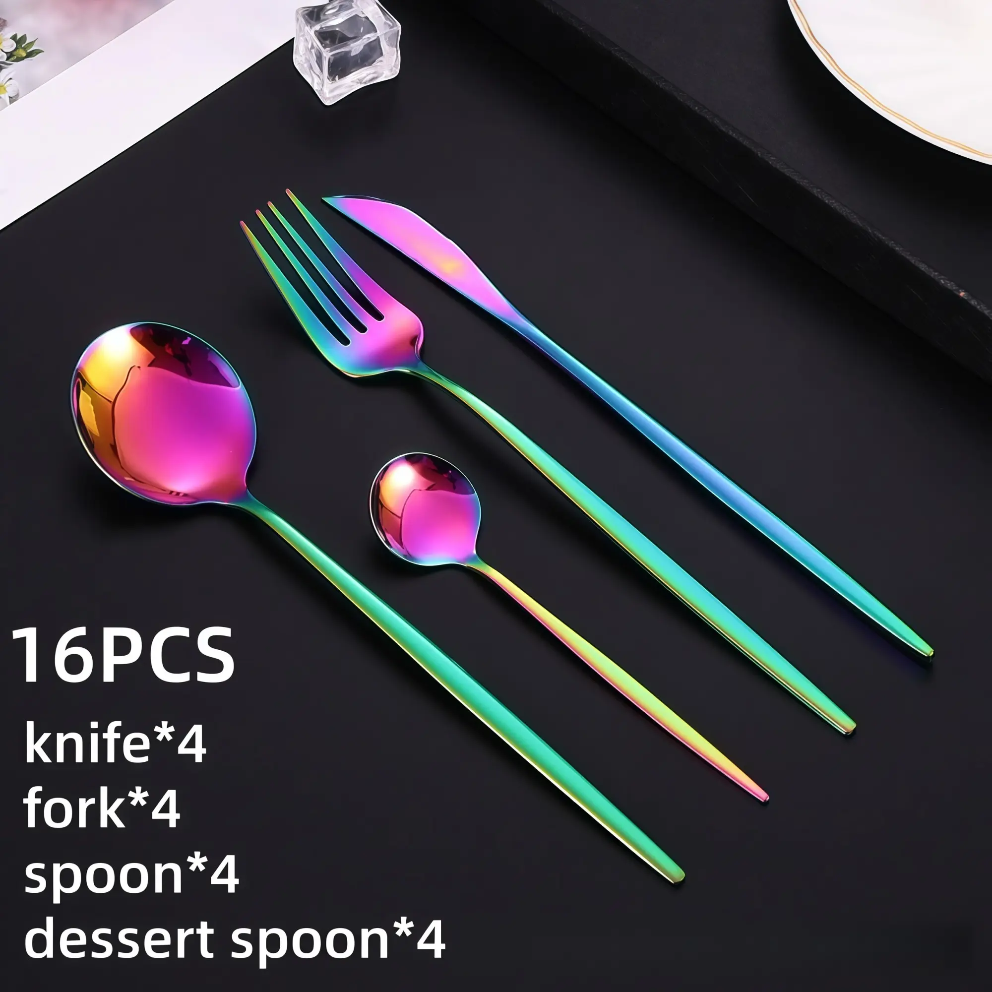 16Pcs Rainbow Gradient Stainless Steel Cutlery Set Serves 4 People, Mirror Polished Slim Handle Flatware, Rustproof Dishwasher Safe, Ideal for Home Kitchen, Party, Festival Gifts & Aesthetic Dining