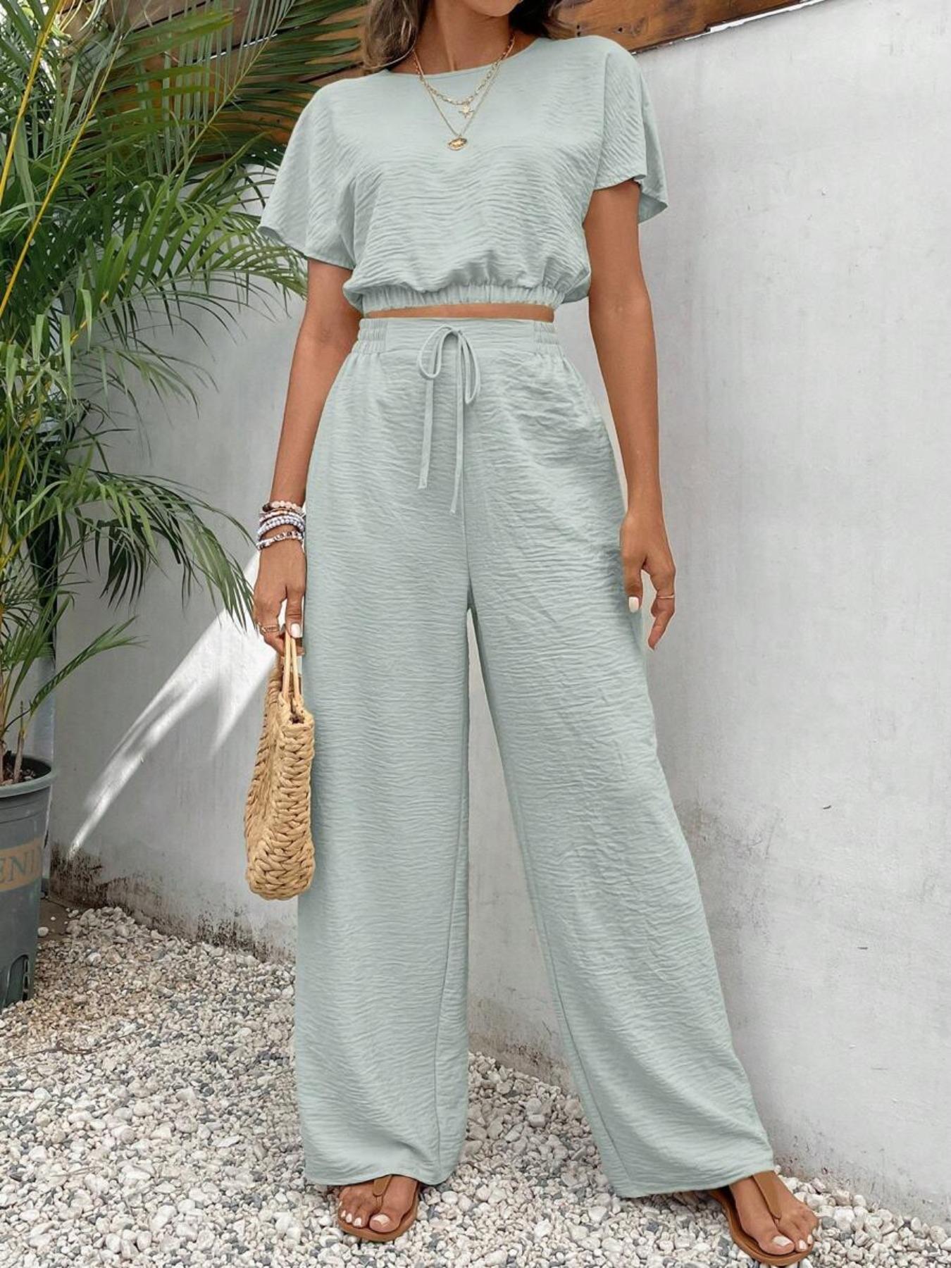 Women's Solid Color Top & Wide Leg Pants Two-piece Set, Casual Round Neck Top & Elastic Waist Drawstring Trousers for Summer, Ladies Clothes for Daily Wear, Womenswear Women's Solid Color Top & Wide Leg Pants Two-piece Set, Casual Round Neck Top & Elastic Waist Drawstring Trousers for Summer, Ladies Clothes for Daily Wear, Womenswear