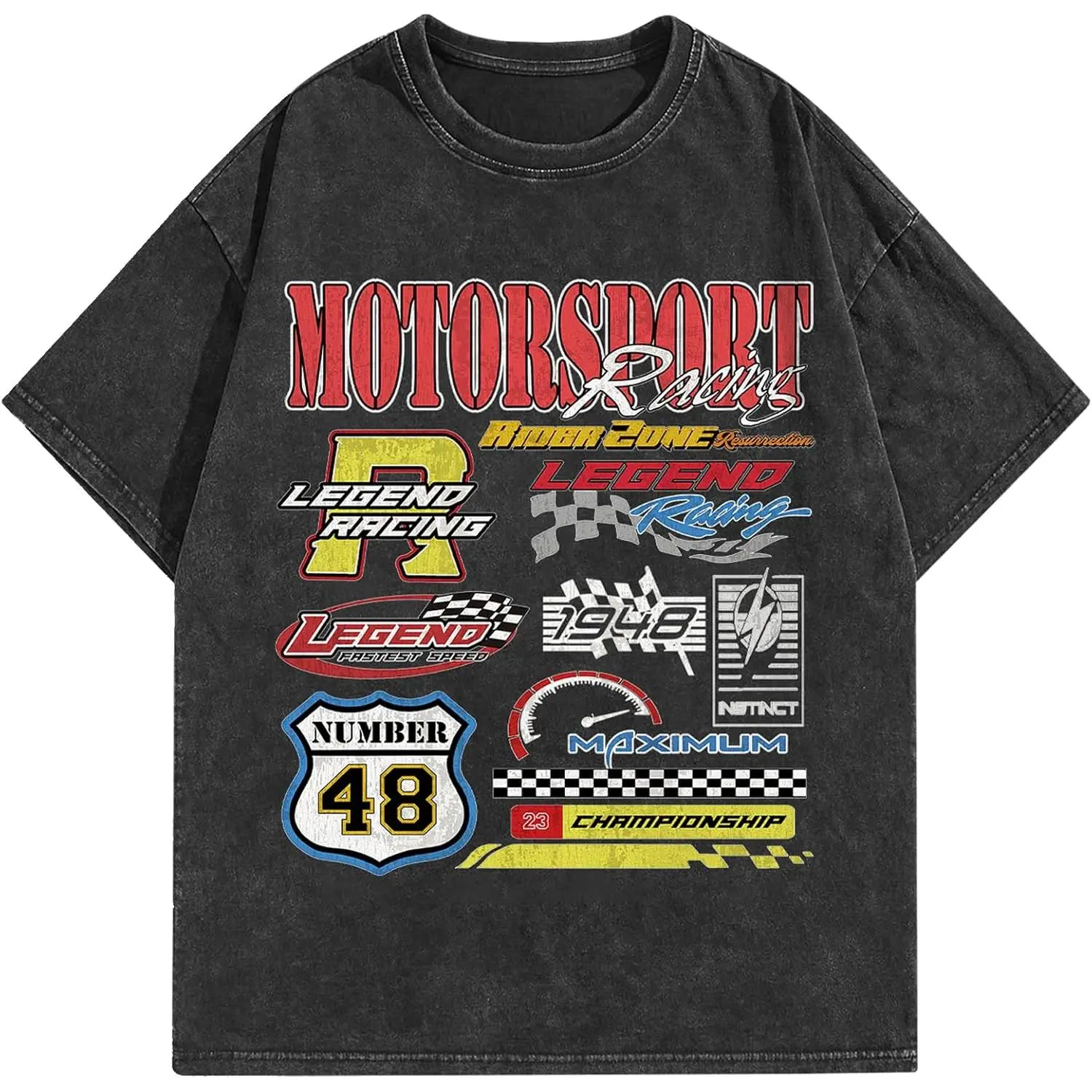 Motorsport Racing Graphic Tee Vintage Washed Cotton Tshirt Multi Sponsor Logo Patch Retro Nascar Aesthetic Oversized T Shirt Women Short Sleeve Crewneck Top Sports Gift Men Loose Casual Top Streetwear Fashion
