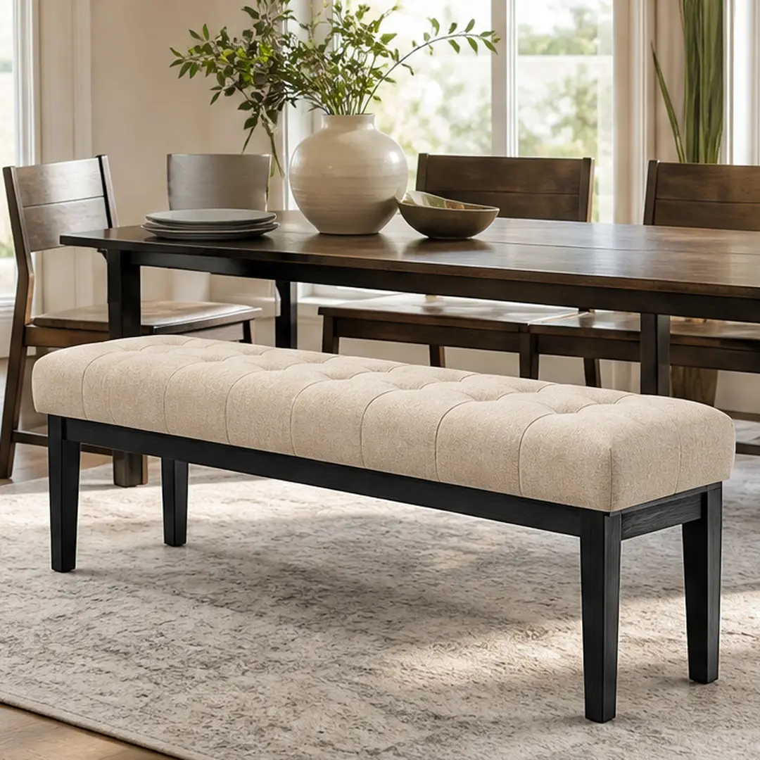 Beige Modern Tufted Linen Dining Bench - Black Rubber Wood Legs, Foam-Upholstered Cushion, 250lb Capacity, Rustic Small Space Solution for Family Dining, Bedroom, 14.37in W x 47.24in D x 20.08in H, Requires Assembly, Entryway