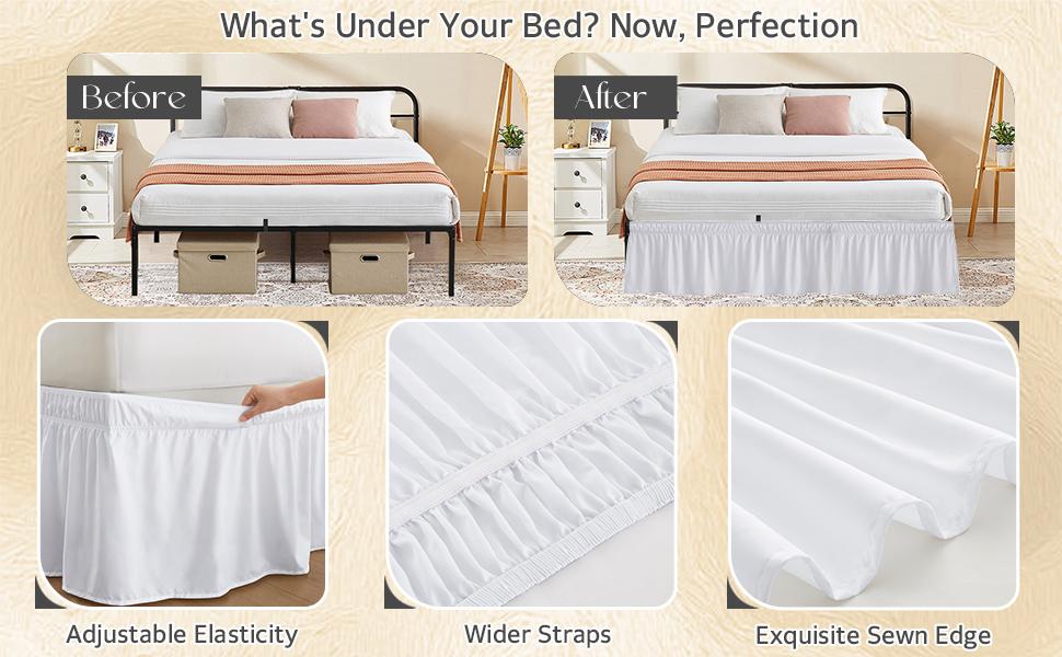 White Bed Skirt for Full & Queen Size Bed - with 14 Inch Tailored Drop, Wrap Around Bed Skirts with Elastic Belt for Easy Fitting - Wrinkle & Fade Resistant
