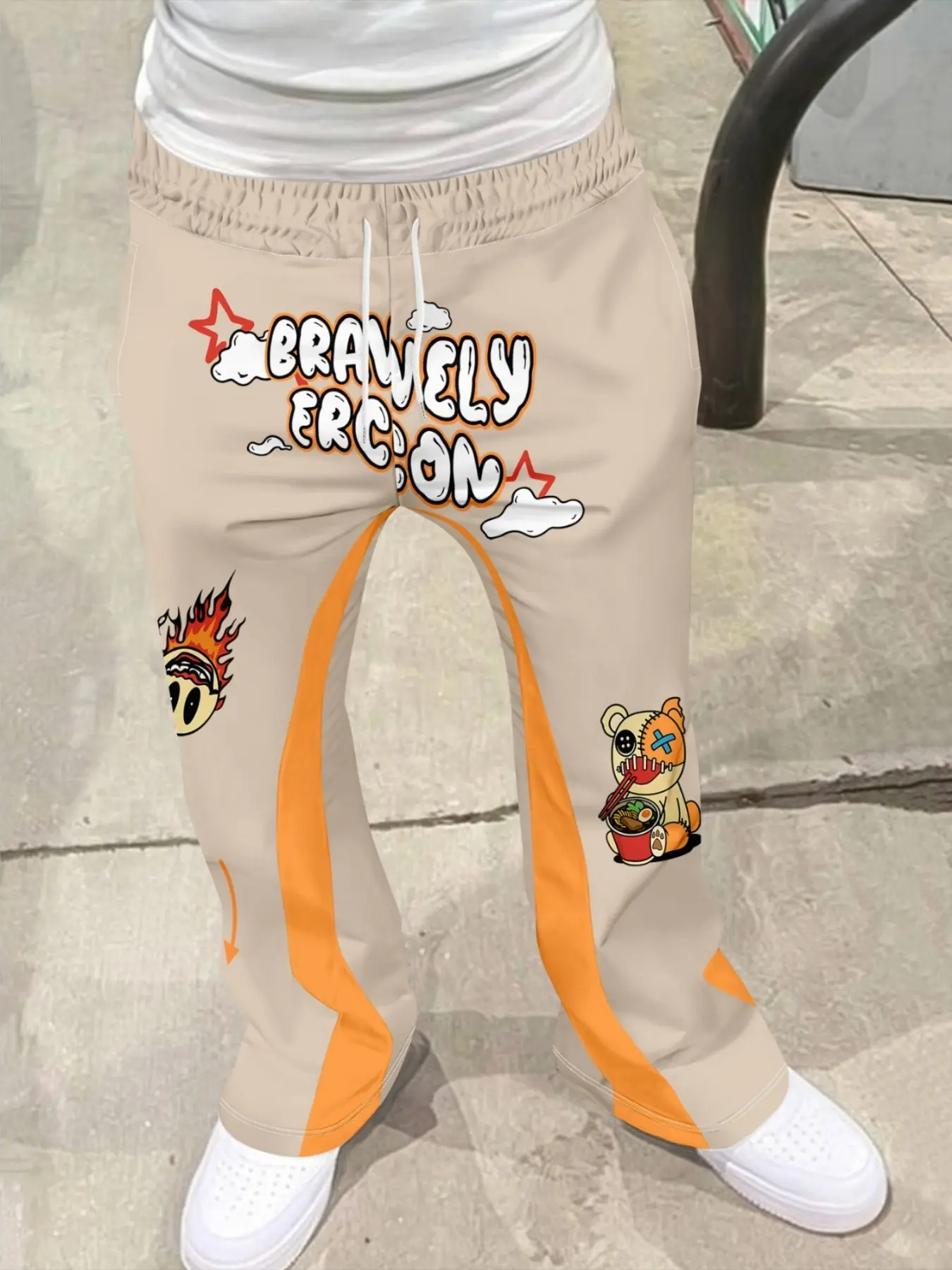 2026 Fall New American Street Cartoon Graffiti Print Flared Pants, Apricot Patchwork Wide Leg Sports Sweatpants, Casual Loose Fit Long Pants