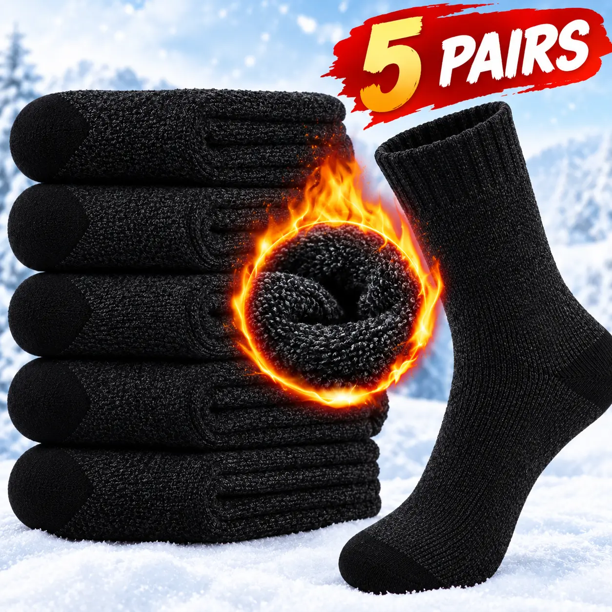5 Pairs Men's Thermal Winter Socks, Cozy Warm Wool Blend Crew Socks for Hiking, Fishing & Daily Wear, Ribbed Cuffs