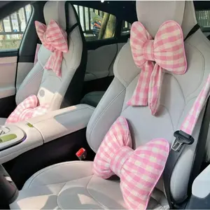 Linen Bowknot Neck & Lumbar Support Car Pillow Cushion Set