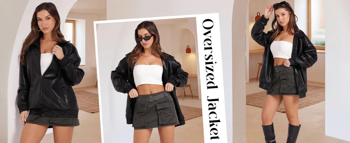 Leather Jacket Women Faux Oversized Motorcycle Bomber Coats 2025 Fall Fashion Outfits Winter Clothes