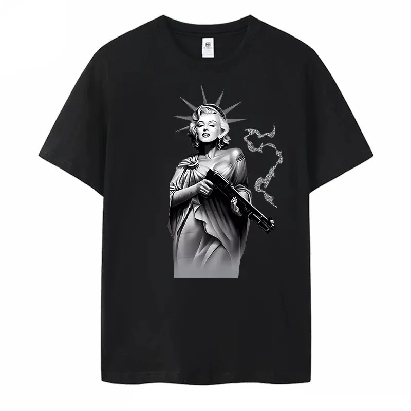 Marilyn Monroe Liberty Statue Hybrid Graphic T-Shirt Short Sleeve, Trendy Streetwear Shirt, Art Portrait Print Oversized Cotton Graphic Tees Hip Hop Trendy Streetwear Shirt Retro Gangster Unisex Tee