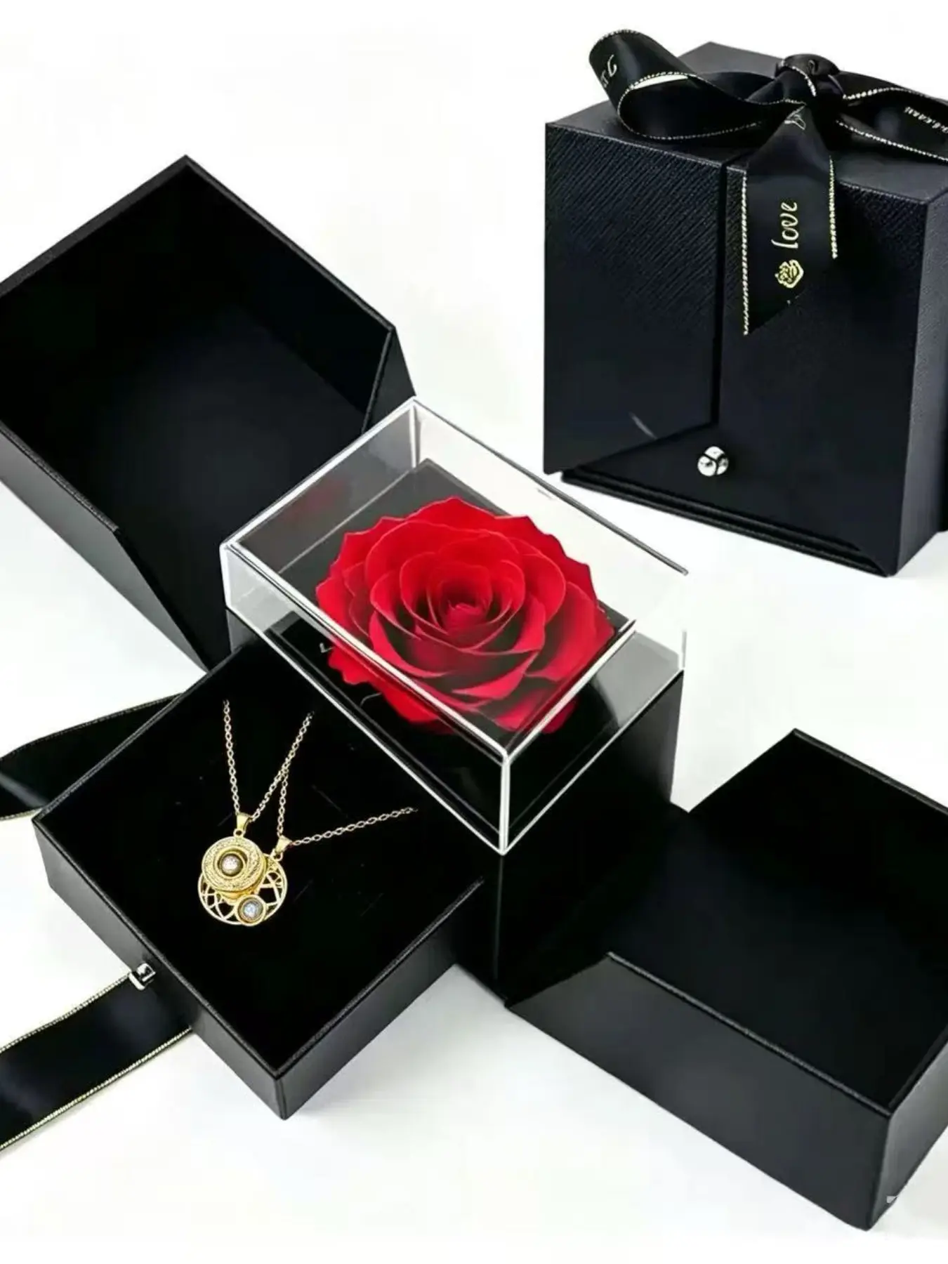 Eternal Flower Rose Jewelry Box, Moon Projection Necklace, Elegant Gift Set, Mother's Day Valentine's Day Present, Floral Design