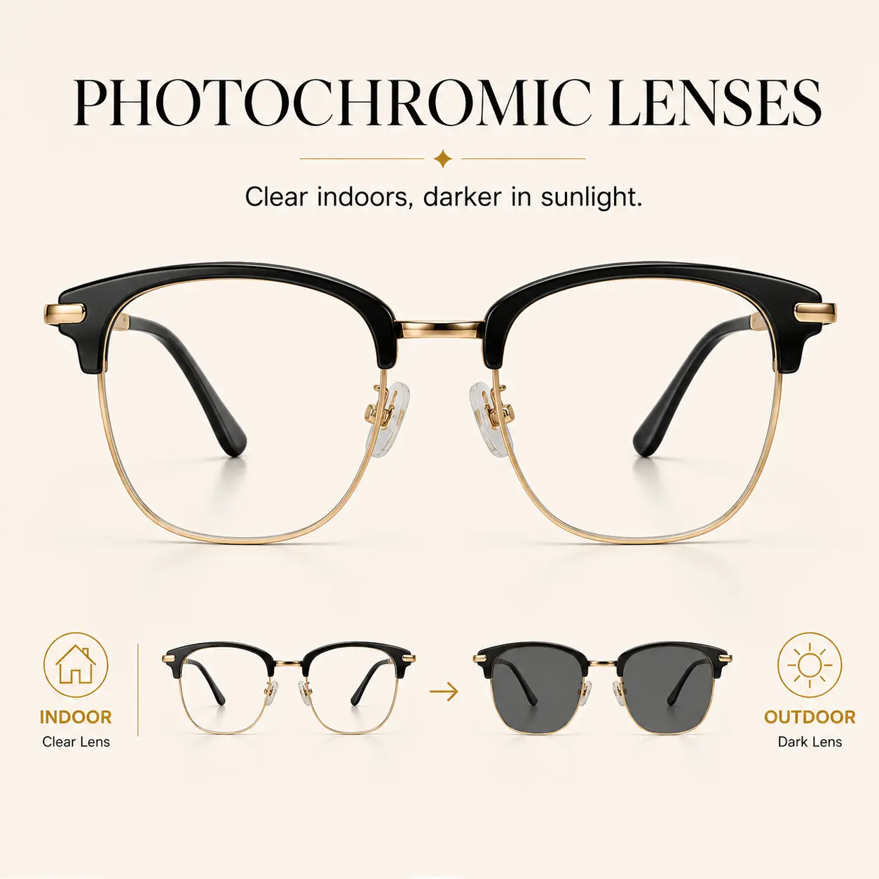 Blue Light Glasses for Women, Unisex Minimalist Semi-Rimless Frame with Photochromic Lenses and UV Protection, Luxury Look Eyewear, Daily Wear