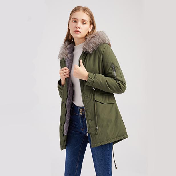 Women's winter warm coat, warm fleece parka, windproof mid-length jacket, hooded padded jacket, zipper and button design, suitable for winter wear