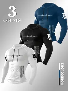 Minimal Cursive Letter Print Compression Hooded Long Sleeve 3 Pack, Stretch Quick Dry Daily Gym Slim Base Hoodie