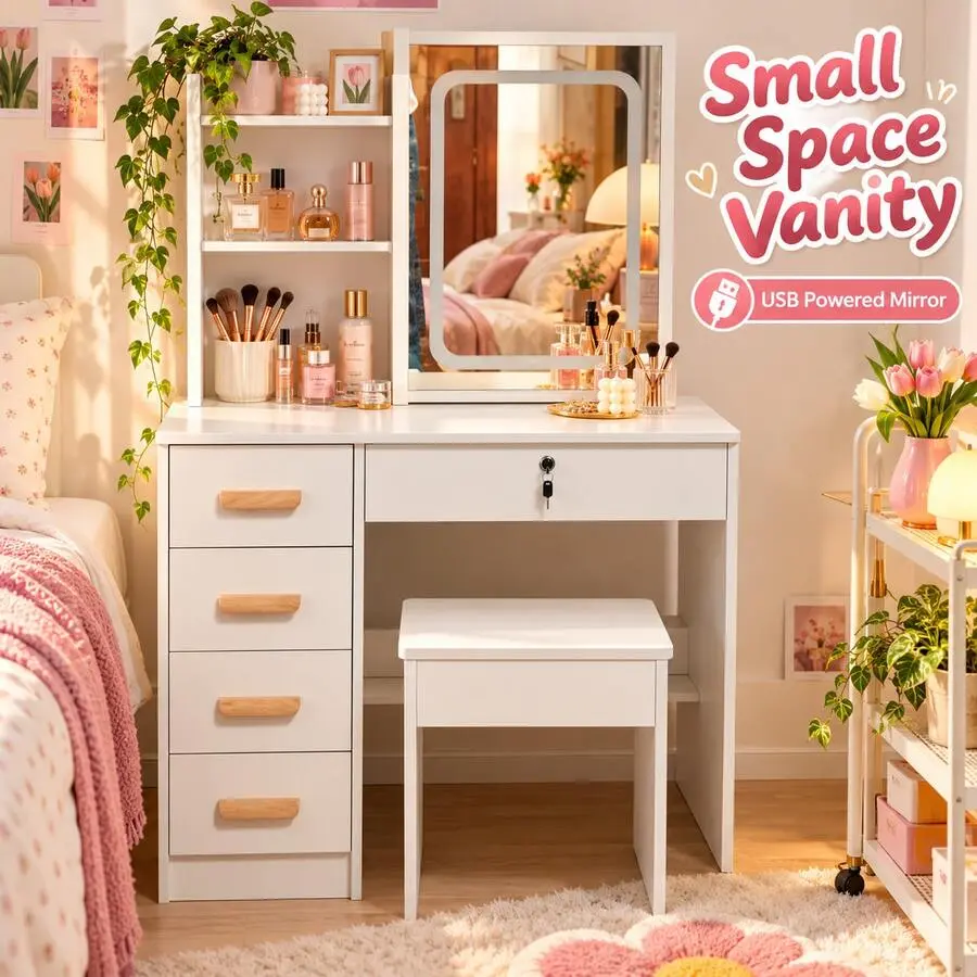 Dopamine White Vanity Table Set With USB Fill Light Mirror & Stool, Lockable Makeup Dressing Desk With Multi Storage Drawers, Jewelry Organizer Small Apartment Young Women,corner,,withdrawers,luxury,lighted