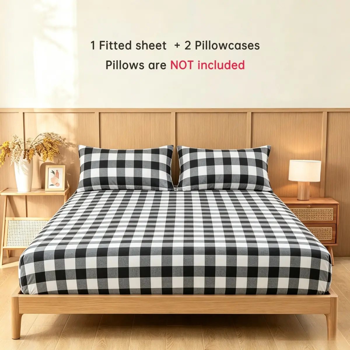 Buffalo Check Plaid Fitted Sheet Set, Fitted Mattress Sheets, Deep Pocket Gingham Check Bed Sheet with 2 Pillowcases, 3 Colors Multiple Sizes Classic Plaid Bedding Set For Bedroom