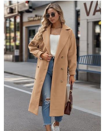 Women's Long Coat Notched Lapel Collar Double Breasted Pea Coat Winter Elegant Wool Blend Over Coats Jackets