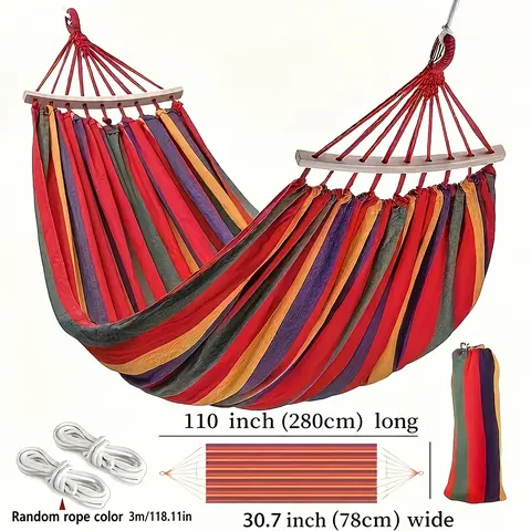 Single-Person Outdoor Hammock with Wooden Bars, Thick Canvas, Free Random-Color Rope – Ideal for Outdoor Lounging, Camping, Hiking