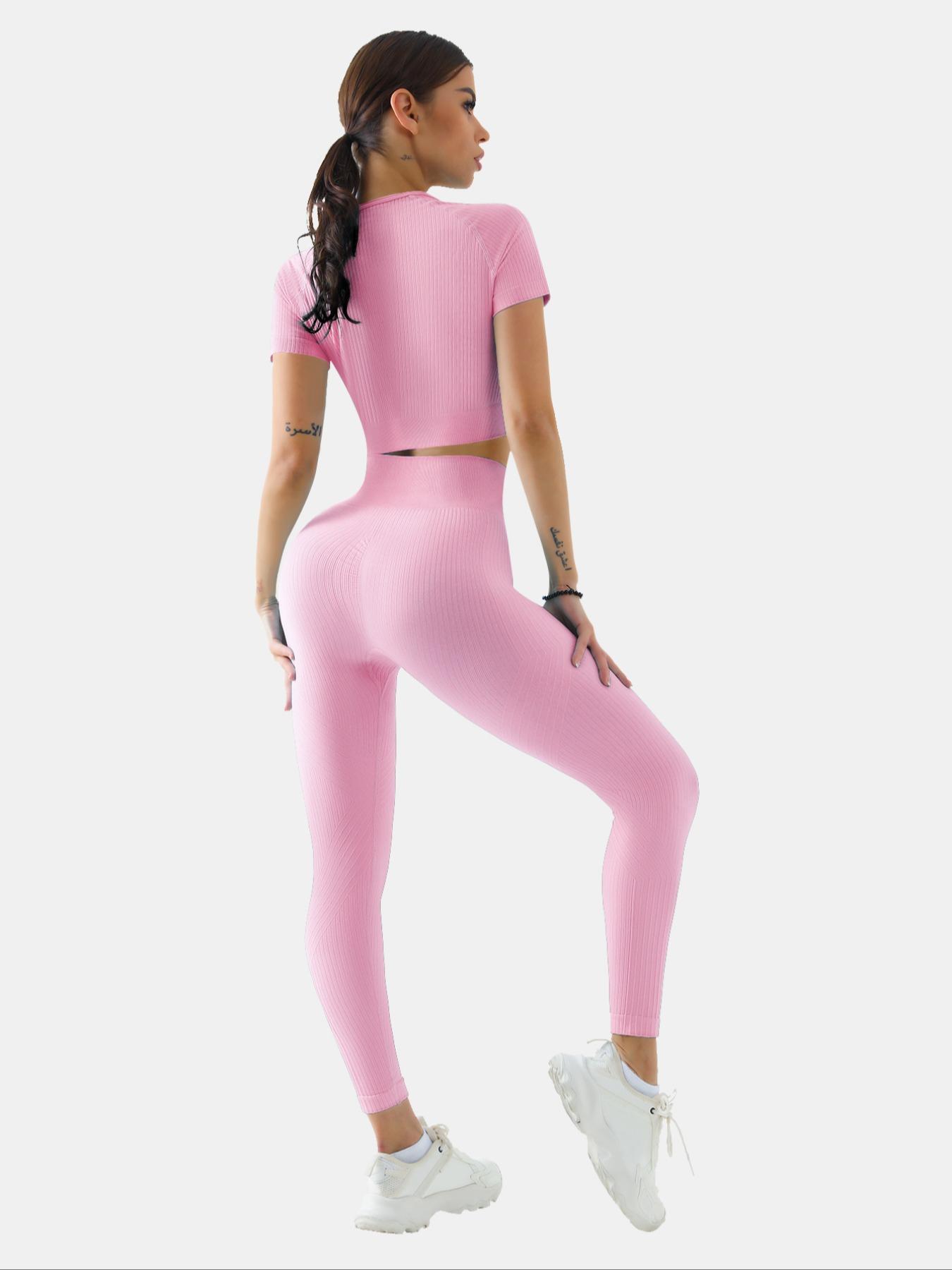 Women's Solid Tracksuit Set, Stretchable Activewear, Sport Raglan Sleeve Crop Top & High Waist Leggings, Summer Clothes Women, Women Tracksuits for Summer
