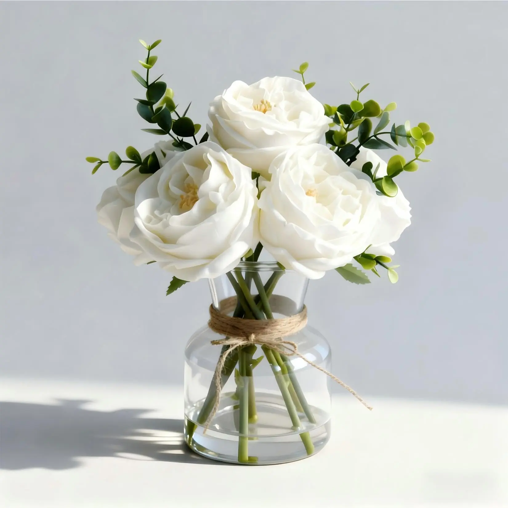 Lifelike Artificial White Roses & Peonies with Eucalyptus in Vase - Real Touch Faux Flower Arrangement for Dining Table Centerpiece - Perfect Home & Restaurant Decor