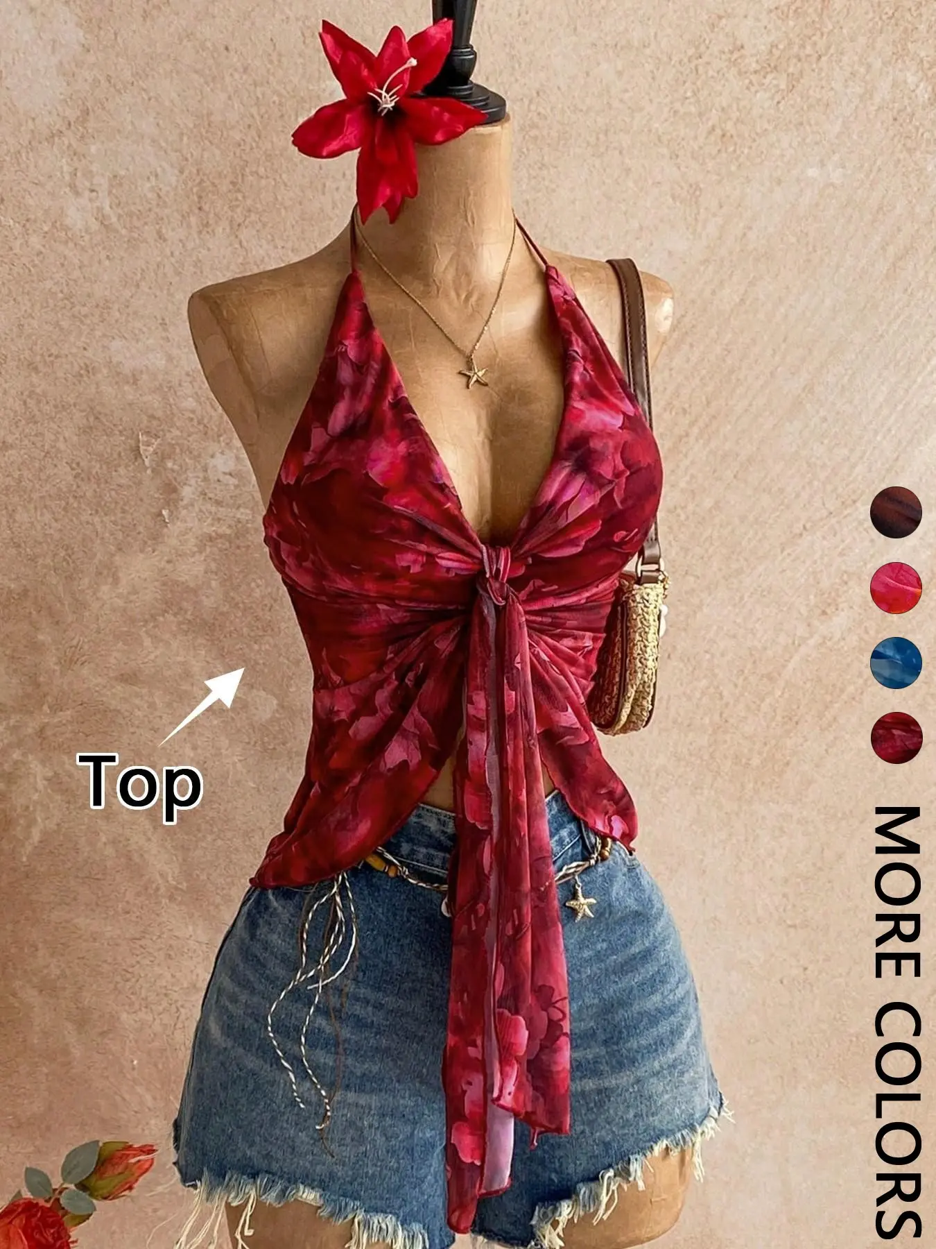 Floral Halter Tie-Dye Print Top Sleeveless Boho Summer Chic Sheer  Asymmetrical Hem with Front Self-Tie Mesh Crop Top