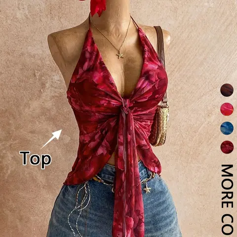 Floral Halter Tie-Dye Print Top, Boho Sleeveless Printed Top, Chic Sheer  Asymmetrical Hem with Front Self-Tie Mesh Crop Top