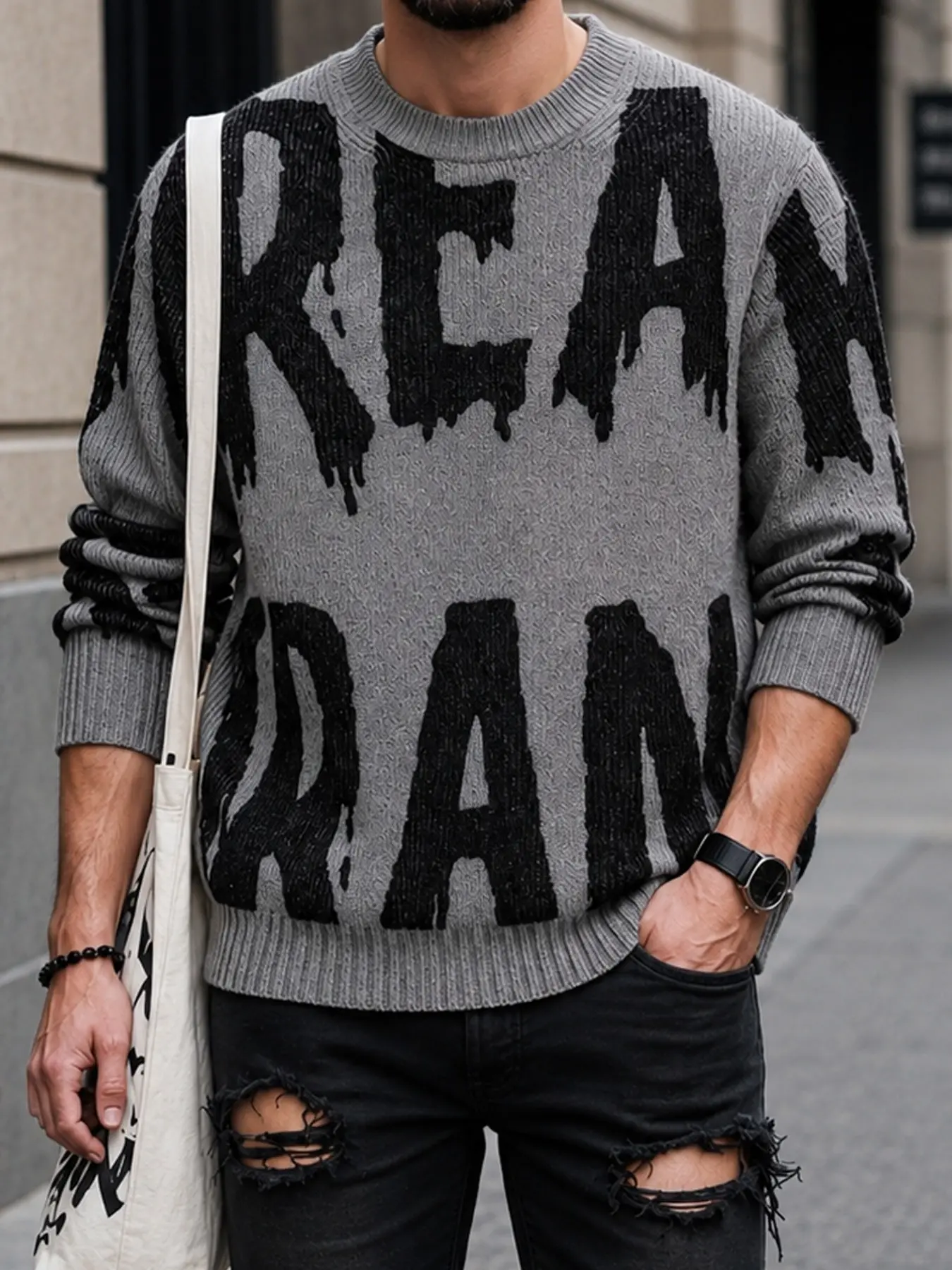 Men Drip Letter Oversized Knit Sweater, Warm Rib Crewneck Pullover, Chunky Soft Rib Knit, Loose Comfy Casual Fit, Fall Streetwear