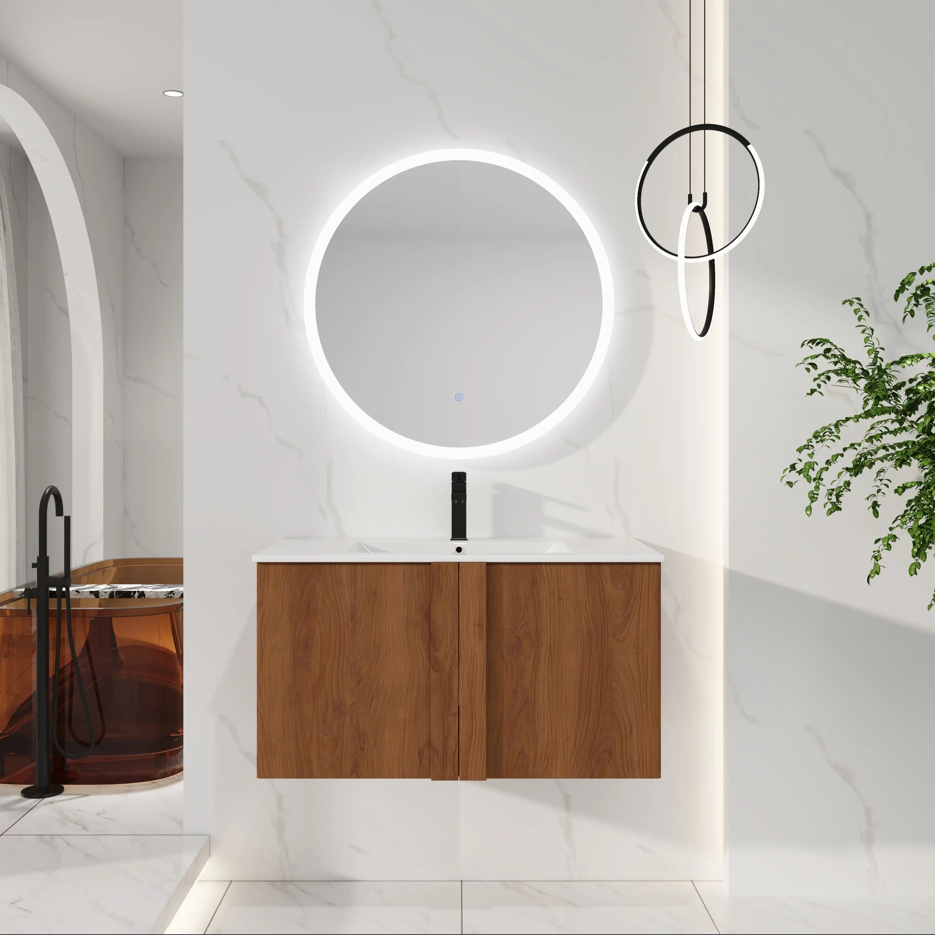 ARCH 36-Inch Wall-Mounted Bathroom Vanity with Sink Combo, Floating Vanity in Brown Ebony, Soft-Close Doors, Modern Large Bathroom Vanity Set, Ceramic Sink, Particle Board Cabinet, Wall-Mount Bathroom Storage Cabinet, Ceramic/Particle Board Material