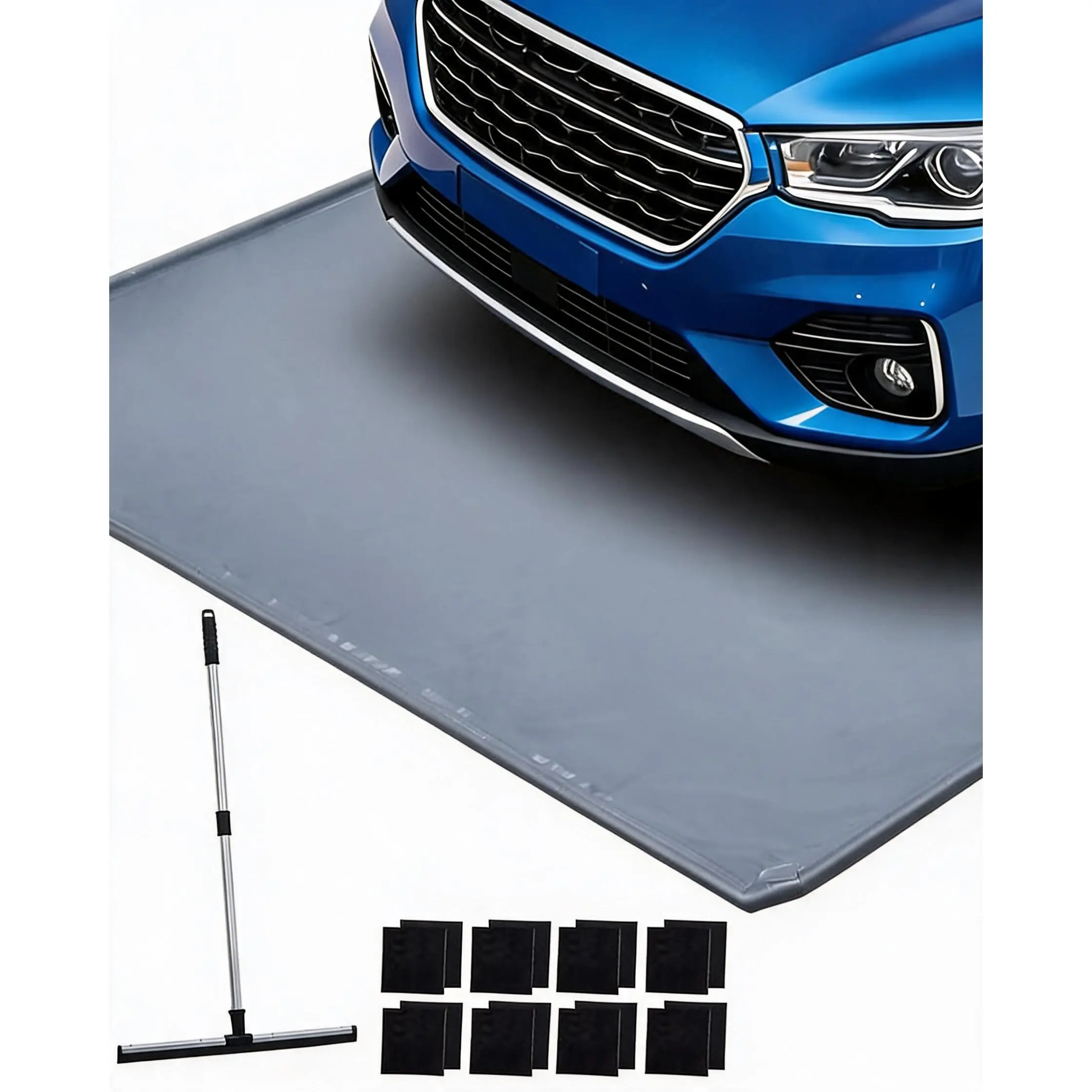 PVC Non-Slip Floor Mat with Raised Edge for Cars, Trucks & SUVs – Snow Melt Tray with Squeegee & Straps