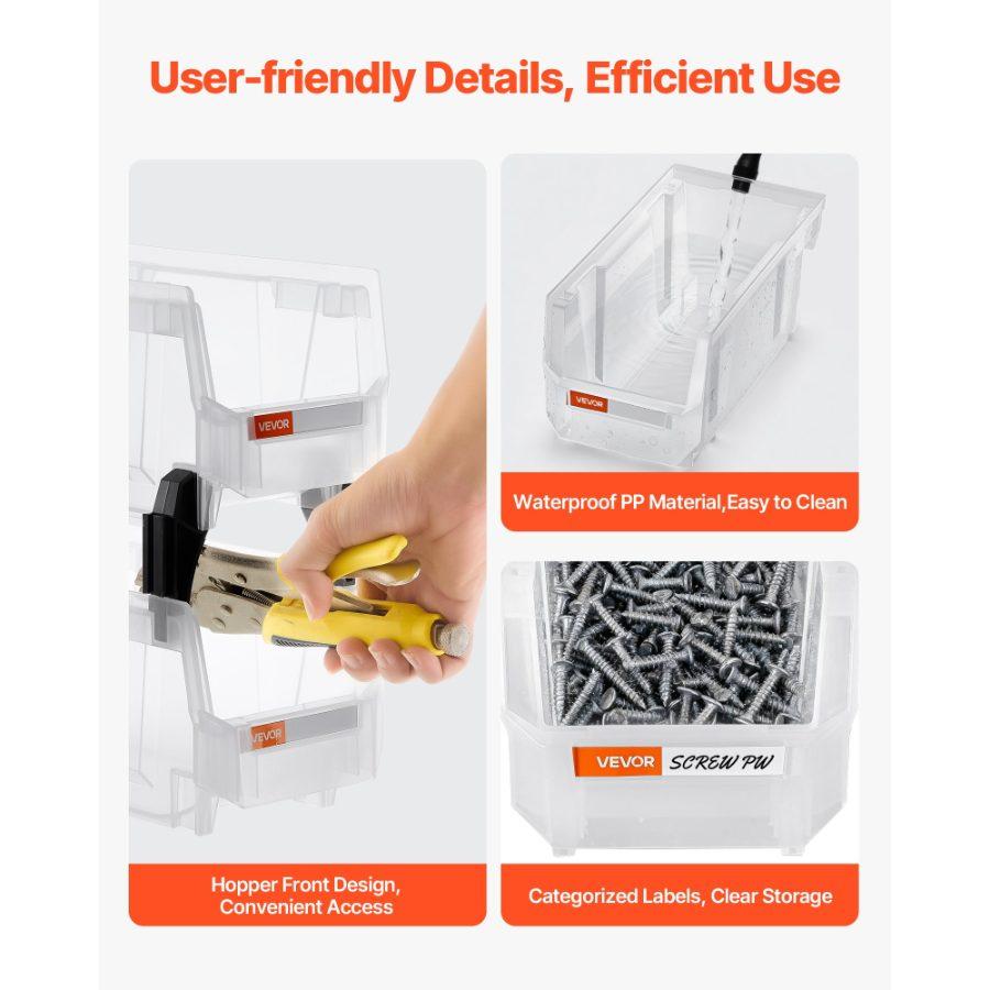 VEVOR Plastic Stackable Storage Bins, 10.9x 5.5x 5.1 inch (8 Pack), Plastic Containers for Organizing Storage Bins for Closet, Garage, Small Parts, Office Supplies, Other Accessories, Transparent