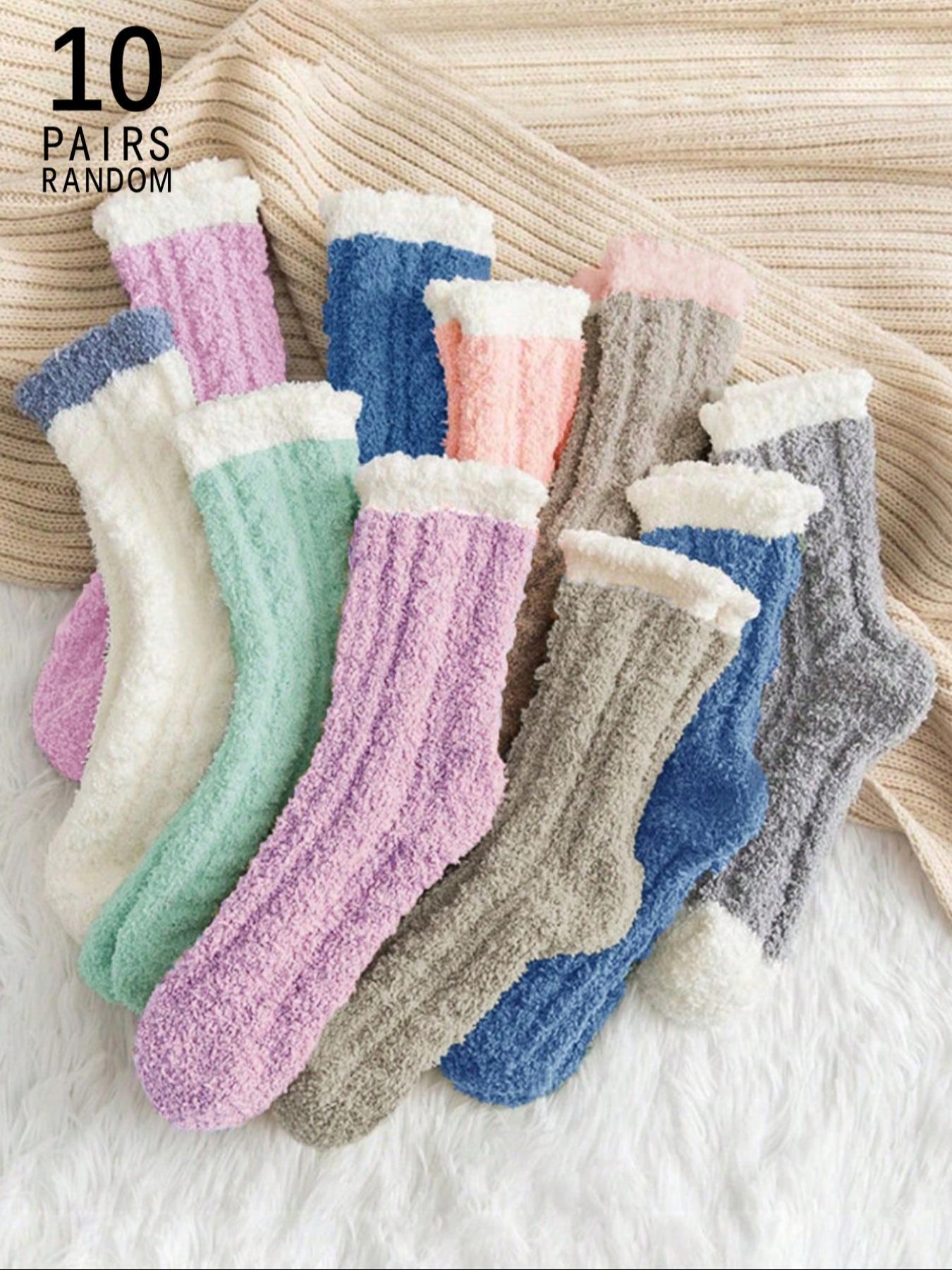 Women's Colorblock Fuzzy Fitted Crew Socks, Soft Comfy Warm Elegance Chic Mid-calf Socks for Fall & Winter, Polyester Women's Socks for Daily Wear, Cold Weather Gear Womenswear Lady