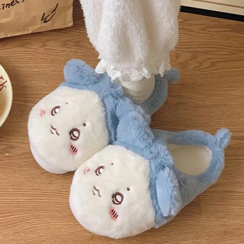 Chiikawa Usagi Cute Cotton Slippers for Women Winter Warm Lined Non-slip Indoor Outdoor Home Shoes Cozy Soft Slippers Girl Gift