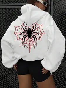 Women's Spider & Heart Print Drawstring Kangaroo Pocket Hoodie, Cute Sweatshirt Fashion Casual Drop Shoulder Hooded Sweatshirt for Daily Holiday Outdoor Wear, Women Clothing for Fall & Winter