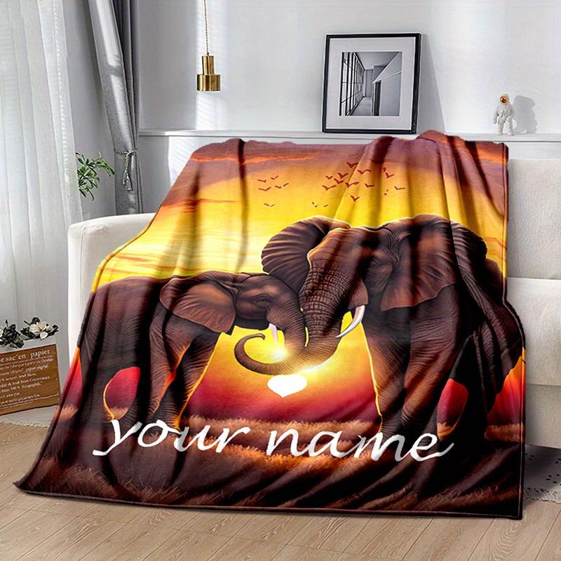 Personalized Elephant Sunset Flannel Throw Blanket with Custom Name - Soft, Warm Knitted Polyester, Vintage Animal Digital Print, All-Season Cozy Blanket for Sofa, Chair, Bed, Outdoor Travel - Unique Gift Idea