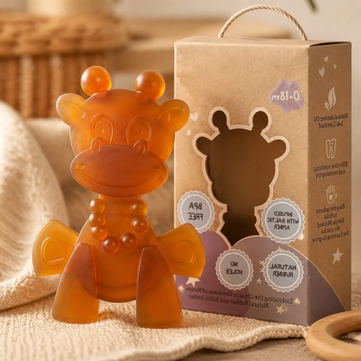 Baby Teething Toy - Made with Natural Rubber & Amber Elements - Gentle Support, Easy to Hold, Simple to Clean - Cute Giraffe Teether Toy - Alternative to Amber Teething NecklaceGift