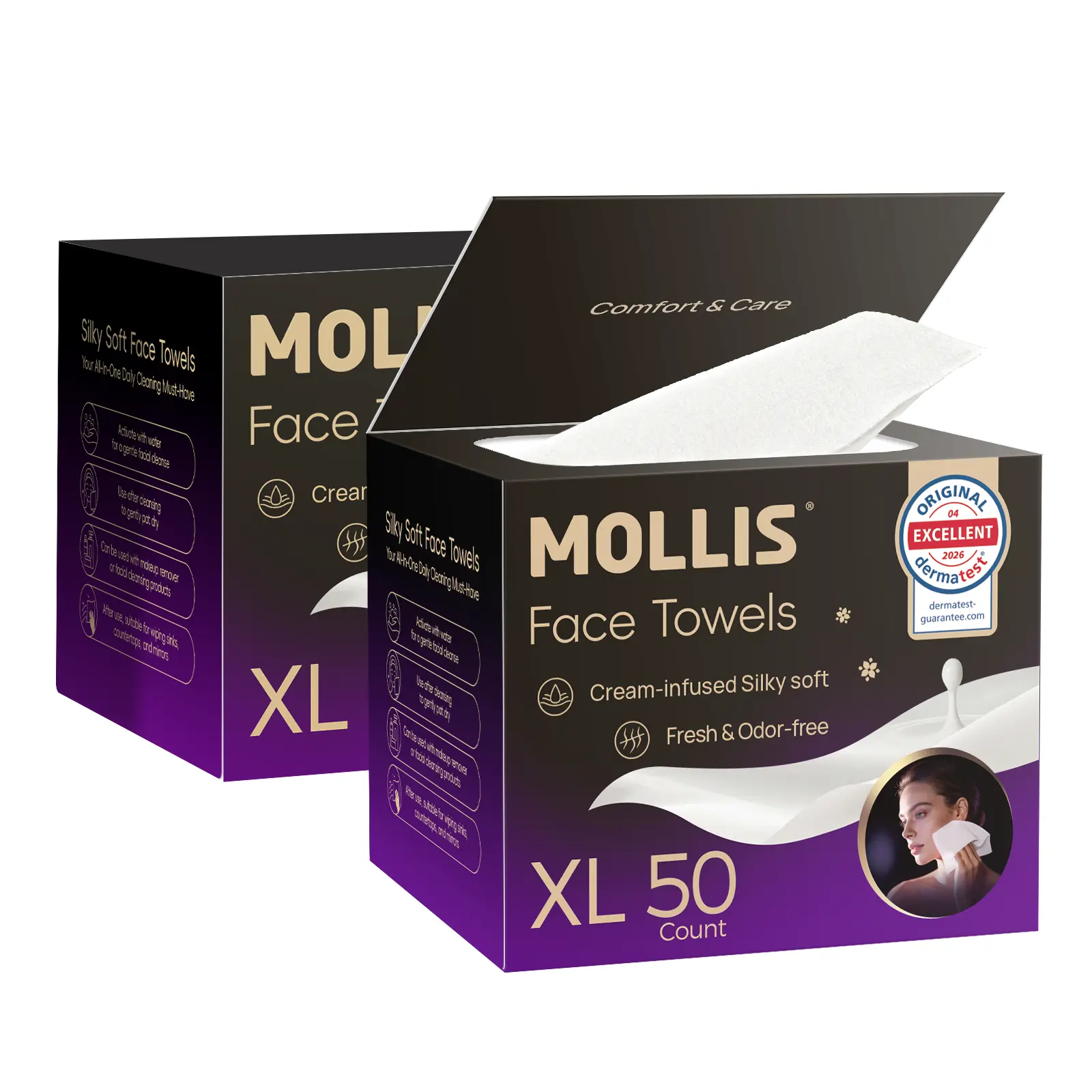 MOLLIS Disposable Facial Cleaning Wipes Tissues & Napkins, XL 9.8"×11.8" Dry Thick Soft Cleansing Wipes, Magnetic Flip-Top Box Pack, 100 Count Disposable Wet Dry Tissues & Napkins for Daily Use