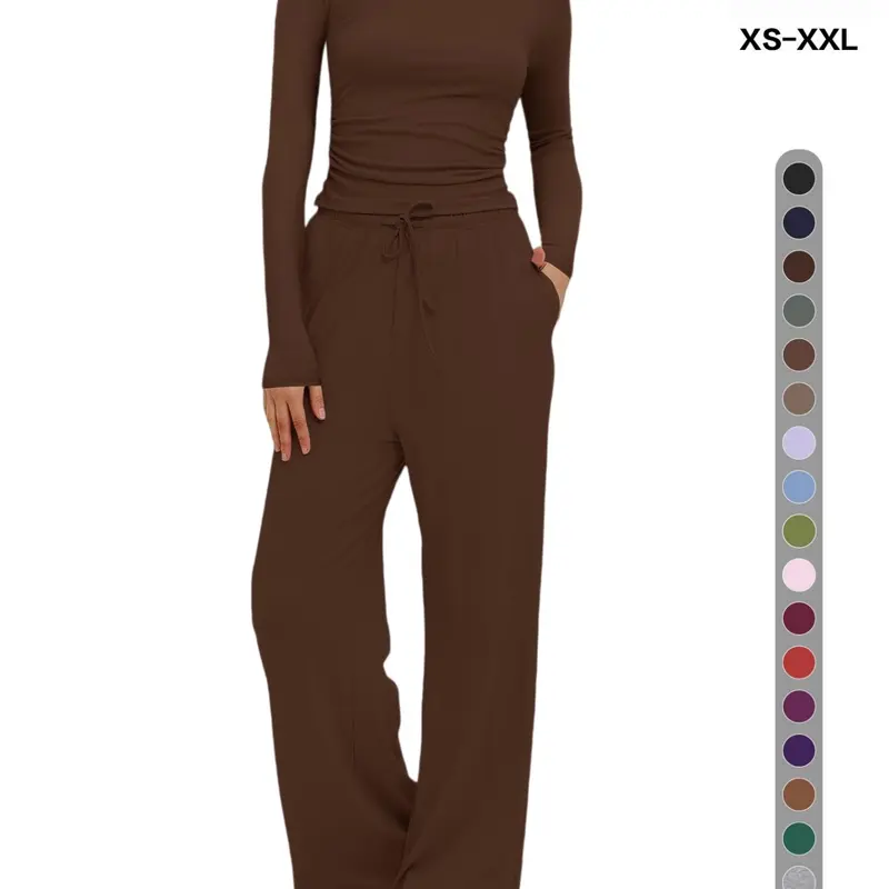 Women's 2/6-piece solid color crew neck long sleeve top and wide-leg pants pajama set, Matching lounge outfits, soft and comfortable all-seasonewear set, with drawstring waist and pockets, suitable for fashion and sports
