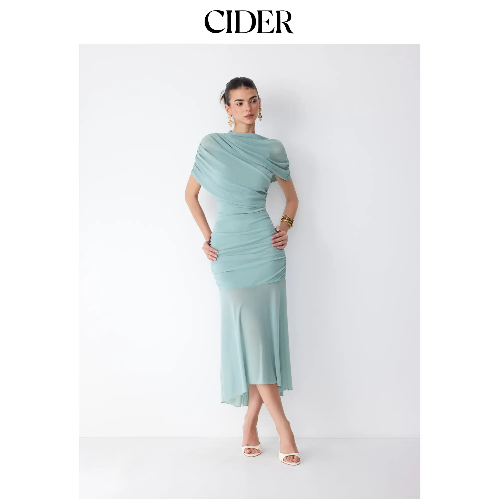 Cider Mesh Stand Collar Poncho Sleeve Ruched High-Low Maxi Dress