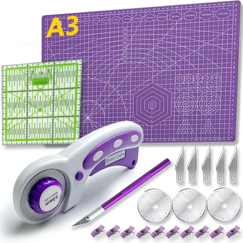 Quilt Sewing Tool Kit, Includes A3 Self-Healing Cutting Mat, 45mm Rotary Cutter, Patchwork Ruler, Hand Knife, Sewing Clips, Replacement Blades