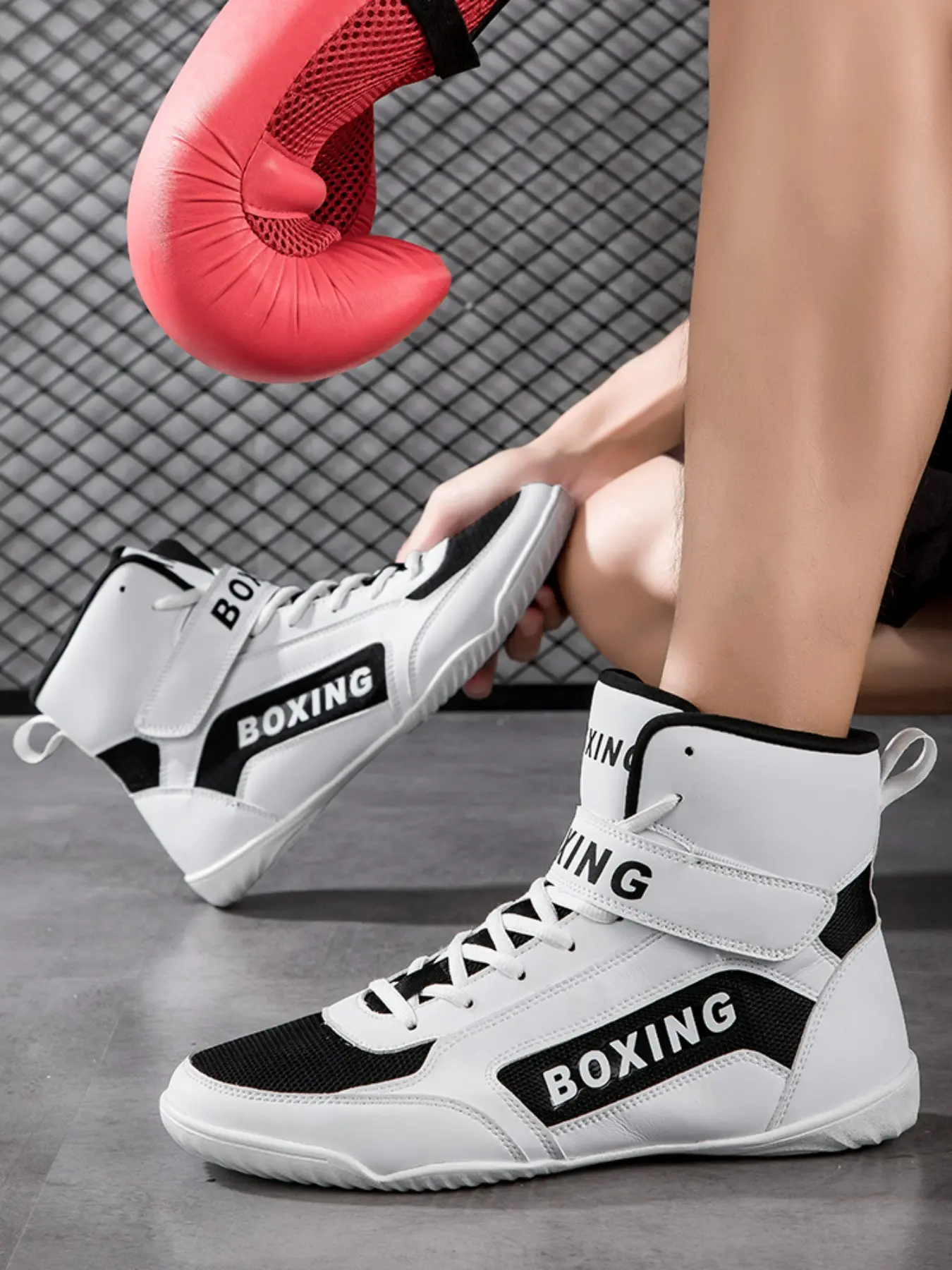 Men's Competition-Level Wrestling Training Shoes, High-Top Muay Thai Boxing Training Shoes, Fitness Sanda Shoes, Ankle Reinforcement, Anti-Slip Grip Tread, Suitable for Professional Wrestlers and Combat Sports Enthusiasts