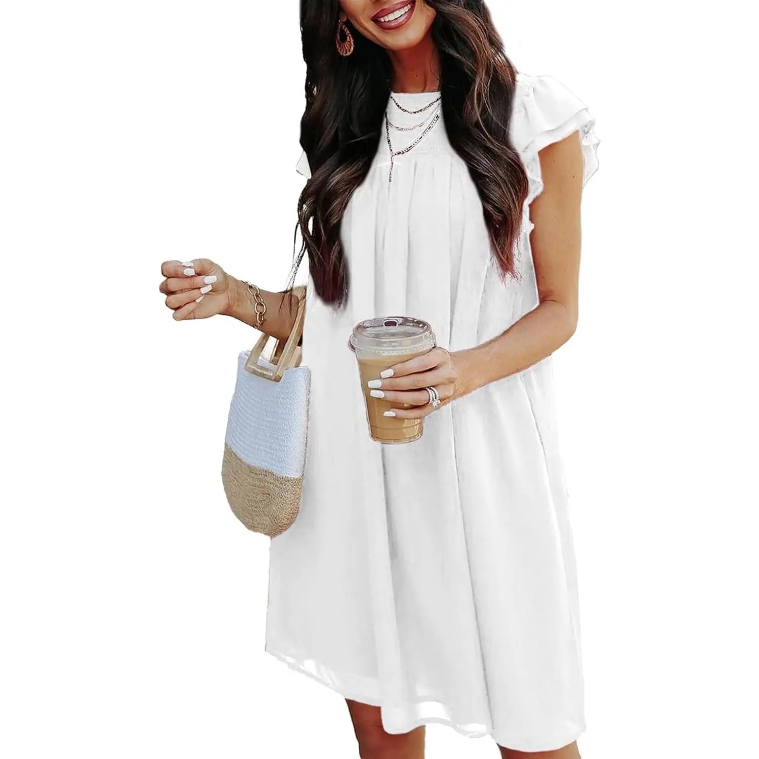 Wedding Guest Shift Dresses for Women Short Spring Summer Ruffle Cap Sleeve Chiffon Babydoll Flowy Mini Sundress