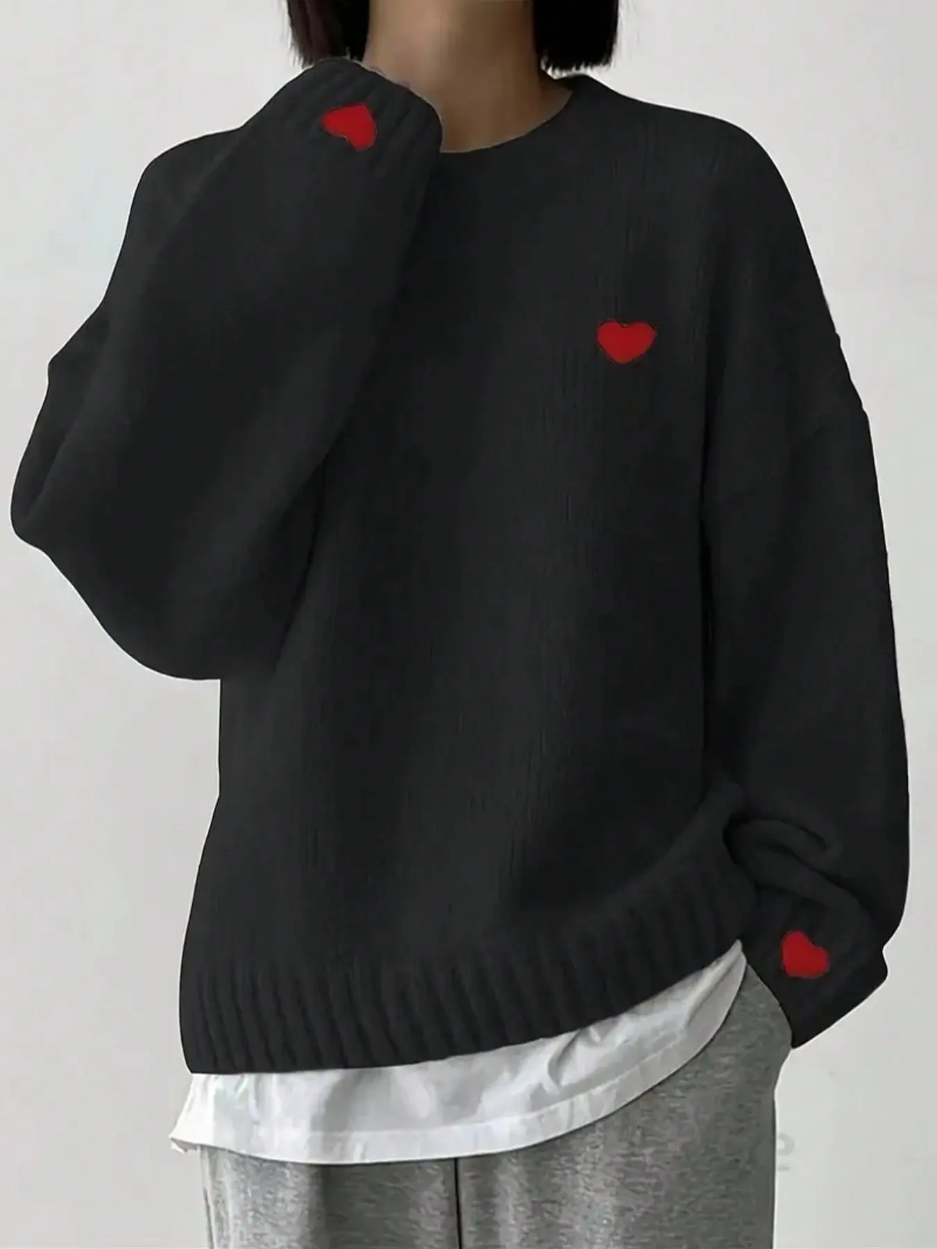 Women's  Long Sleeve Shirts,Red Heart Embroidered Crew Neck Long Sleeve ,Knitted Sweater Knitwear Oversized Loose Fit Pullover Jumper Cute Aesthetic Y2K Knit Top Casual Daily Wear Fall Winter Fashion Style Womenswear