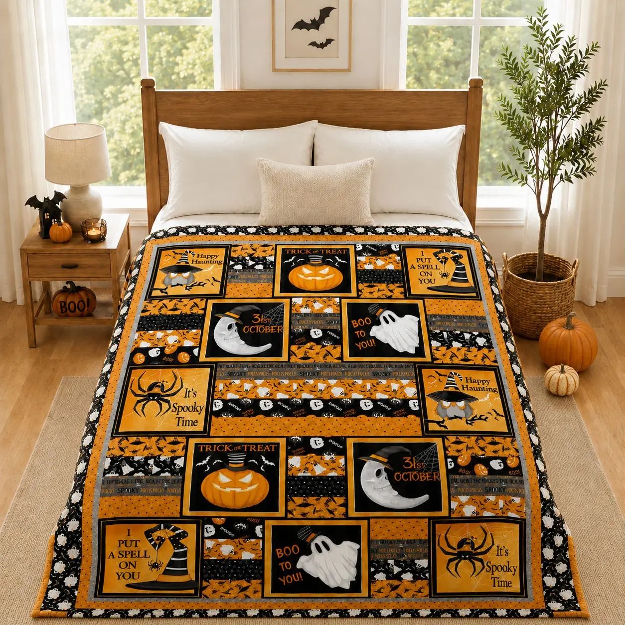 Vintage Halloween Patchwork Grid Quilt Throw Blanket - Fall Blankets, Jack-o'-lantern Ghost Spider Witch Moon Panel Print, Orange Black Farmhouse Halloween Decor, Soft Quilted Fabric, Machine Washable, Seasonal Gift