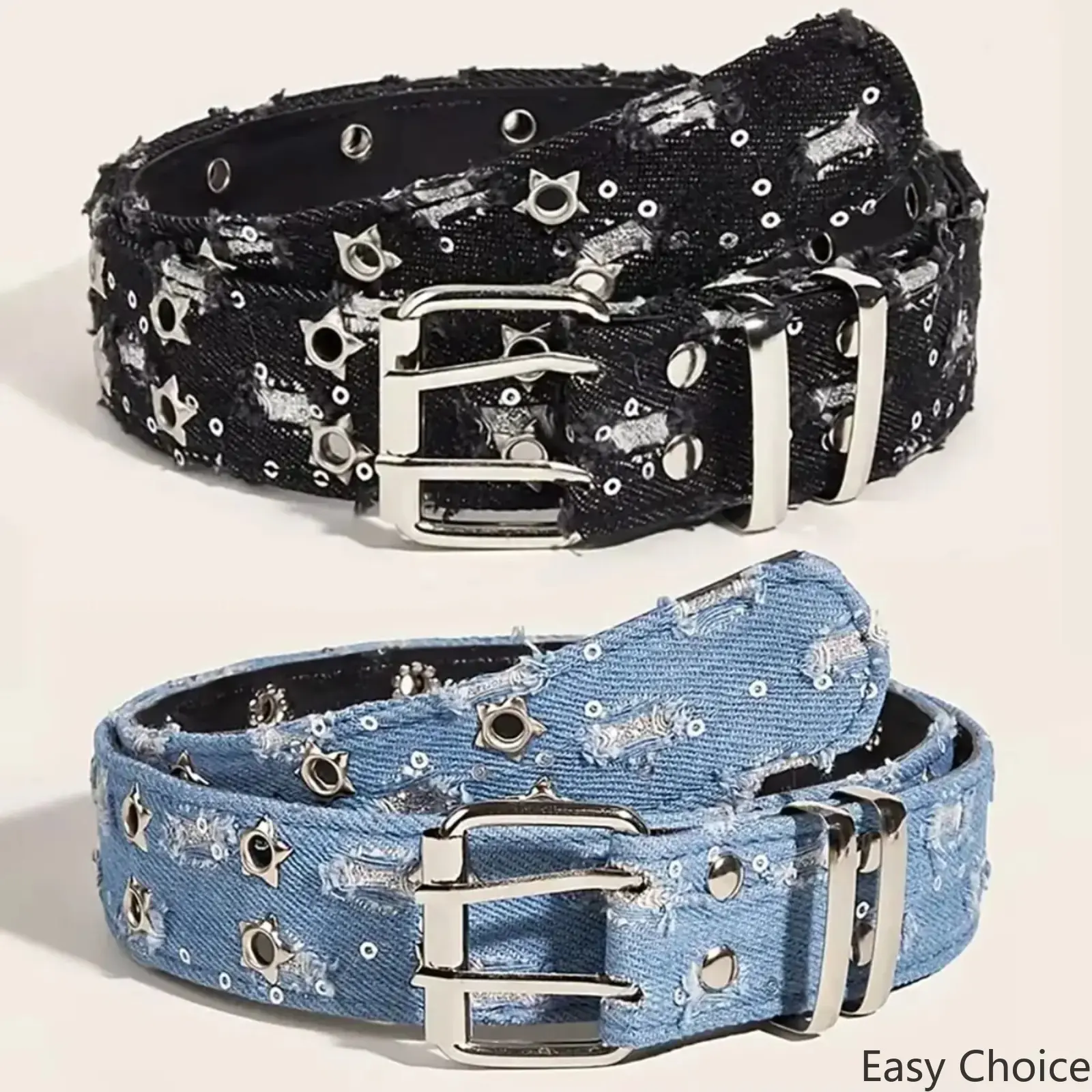 2Pcs/1Pcs Y2K Punk Star‑Buckle Denim Waist Belt, Black Streetwear Hip‑Hop Fashion Belt for Men & Women, Trendy Decorative Outfit Accessory