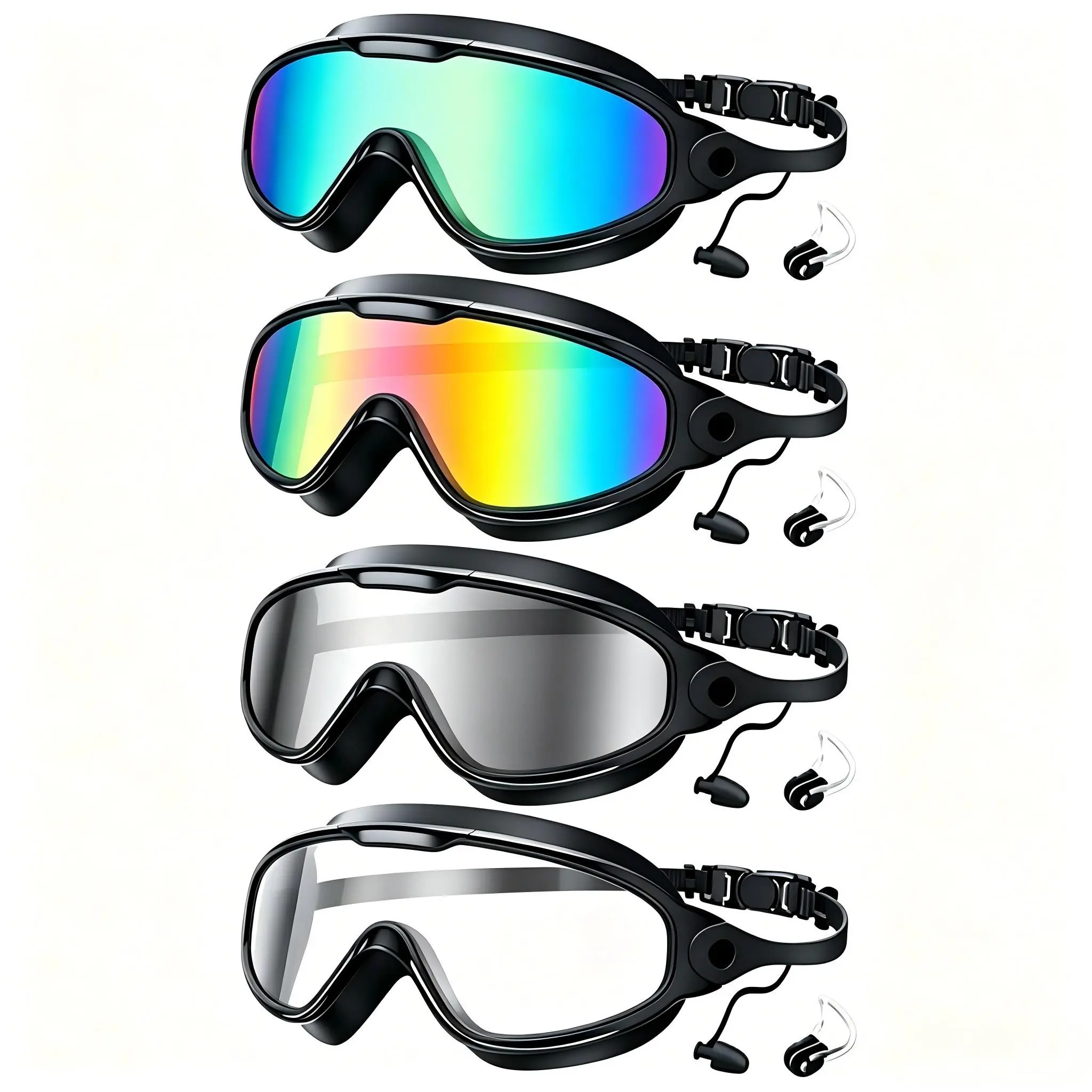 4 Pairs Adult & Youth Swim Goggles Set, Silicone Pool Goggles, Wide Angle Comfortable Vision, Silicone Seal Anti-Fog Waterproof UV Protection, Includes Ear Plugs & Nose Clip, Swimming Goggles