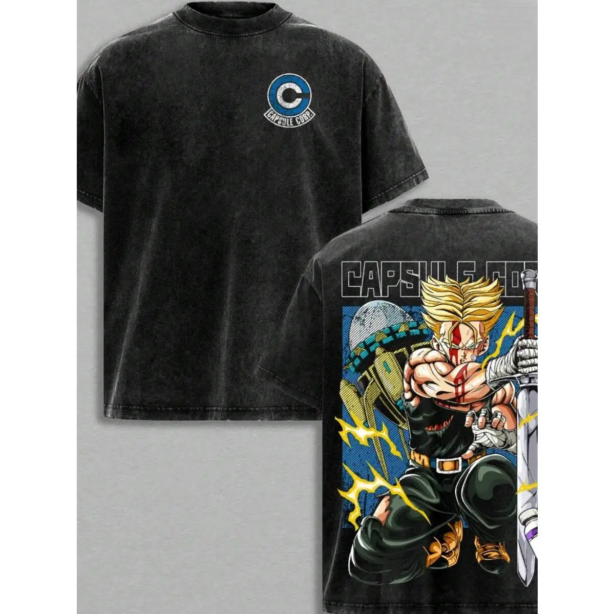 Black Washed Vintage T Shirt Front Small Capsule Corp Graphic Back Saiyan Future Trunks Line Art Print Japanese Anime Manga Streetwear Casual Unisex Cotton Tee